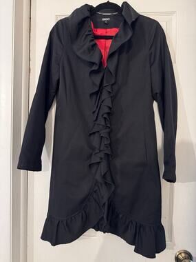 DKNY Black Ruffle Trim Front Zip Trench Coat Jacket Red Lining Medium